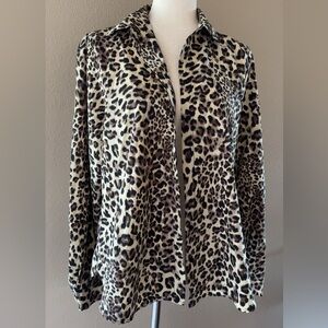 Leopard print satin polyester button down long sleep top